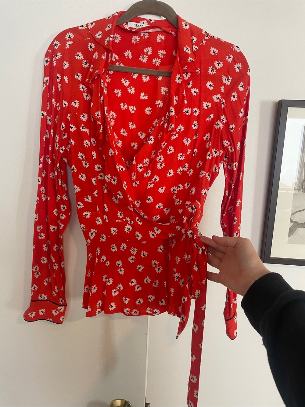 Ganni Red Daisy Wrap Blouse